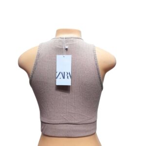 Top Sin Mangas/ Café claro Nuevo, Marca ZARA, Talla S – 34 cm de ancho