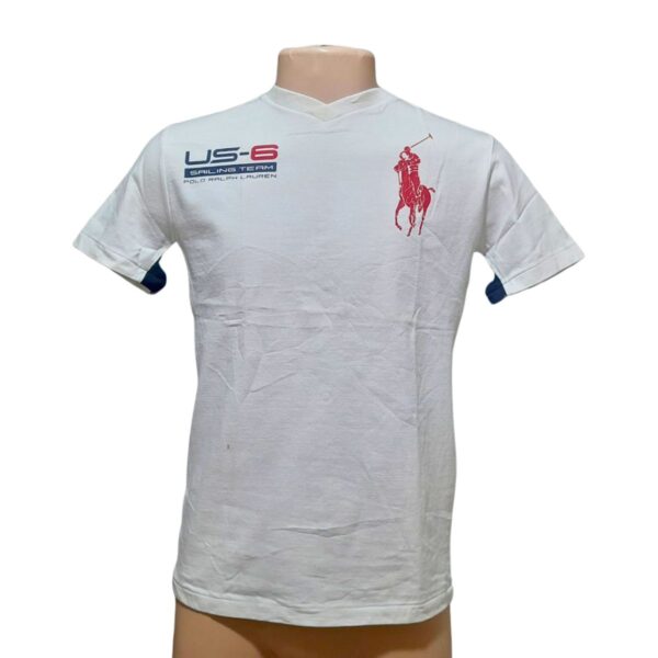 Camiseta Caballero, Cuello V/ Blanco y Azul Nueva, Marca POLO RALPH LAUREN, Talla L(14/16) - 52 cm de ancho