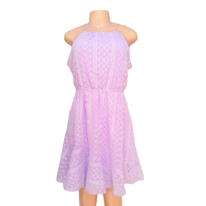 Vestido Morado Sin Mangas, Marca CRYSTAL/DOY, Talla L – 46 cm de ancho