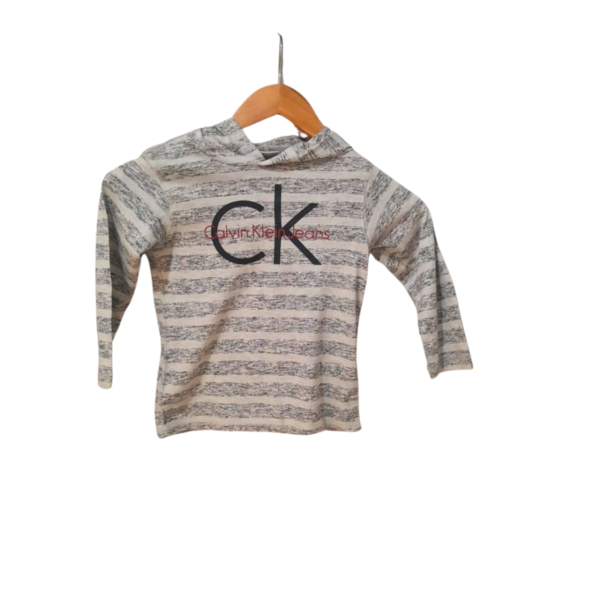 Camiseta Nueva De Niño/ Color Gris Manga Larga, Marca CALVIN KLEIN JEANS, Talla 3T - 30 cm de ancho