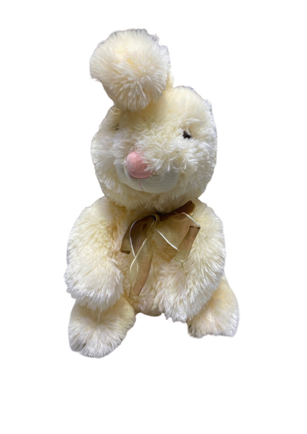 Peluche de Conejo con Moño Amarillo, Medidas 23cm de ancho y 45cm de largo