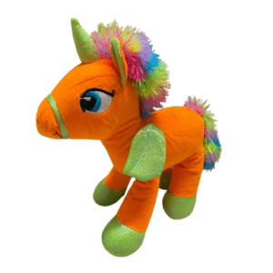 Peluche de Unicornio Naranja, Medidas 24cm de ancho y 43cm de largo