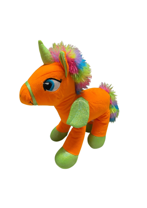 Peluche de Unicornio Naranja, Medidas 24cm de ancho y 43cm de largo