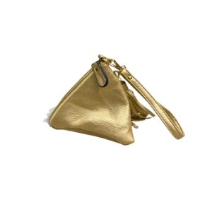 Cartera Dorada Triangular, Medidas 14cm de ancho y 15cm de largo