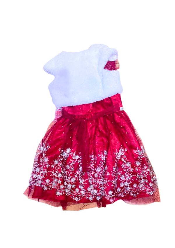 Vestido Rojo con Chaleco Blanco Nuevo, Medidas 28cm de ancho y 65cm de largo, Marca JONA MICHELLE, Talla 6 - Imagen 2