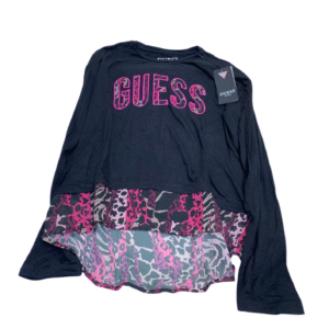 Camisa Negra con Bordes de Animal Print Nueva,Medidas 37cm de nacho y 51cm de largo, Marca GUESS, Talla 10