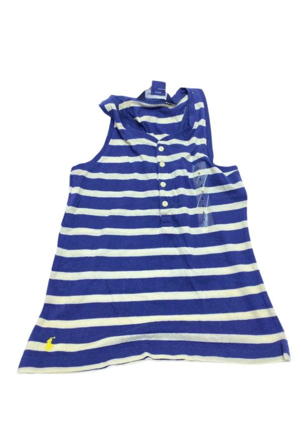 Camisa sin Mangas Rayada Azul con Blanco Nuevo ,Medidas 29cm de ancho y 49cm de largo, Marca RALPH LAUREN, Talla 6
