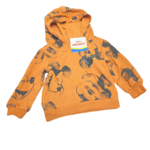 Pijama de Mickey Naranja Nuevo ,Medidas Chumpa(27cm de ancho y 46cm de largo) Pantalón(20cm de ancho y 44cm de largo), Marca DISNEY JUNIOR MICKEY, Talla 12M