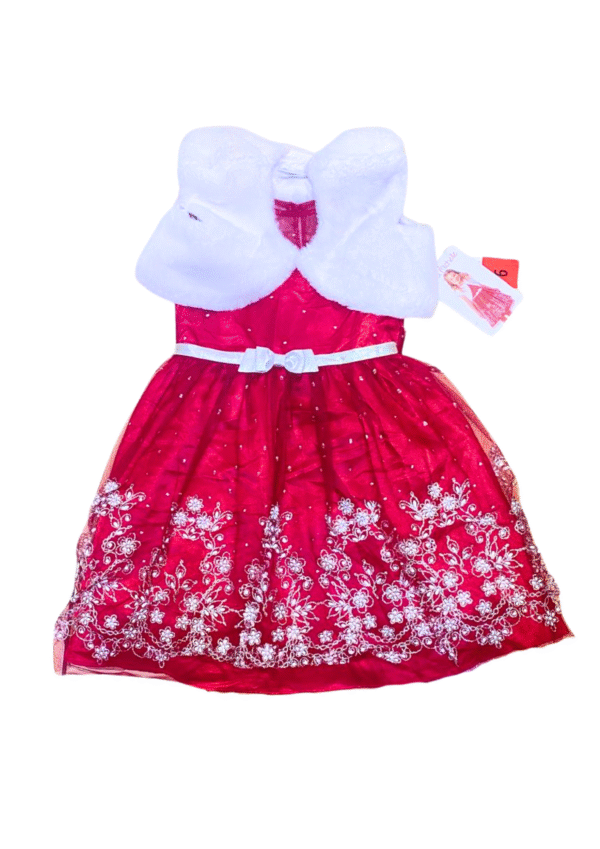 Vestido Rojo con Chaleco Blanco Nuevo, Medidas 28cm de ancho y 65cm de largo, Marca JONA MICHELLE, Talla 6