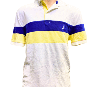 Camisa Blanca con Rayas Azul y Amarillo, Medidas 56cm de ancho y 66cm de largo, Marca NAUTICA, Talla L