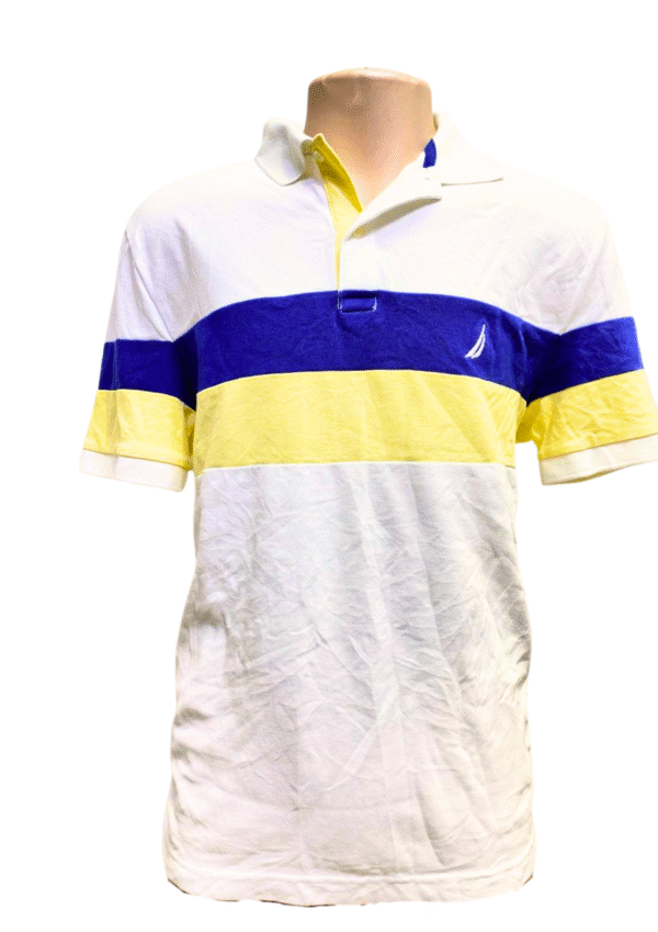 Camisa Blanca con Rayas Azul y Amarillo, Medidas 56cm de ancho y 66cm de largo, Marca NAUTICA, Talla L