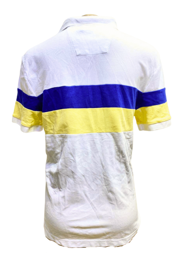 Camisa Blanca con Rayas Azul y Amarillo, Medidas 56cm de ancho y 66cm de largo, Marca NAUTICA, Talla L - Imagen 2